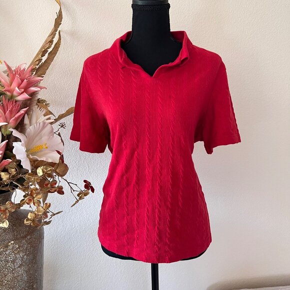 Blair Tops - Vibrant Red Cable Knit Collared Womens Flowy Golf Top Vintage Y2K Blair Large